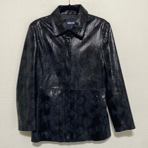 BERNARDO Leather Jacket Snakeskin Pattern Full Zip Pleat Lines Black Size M